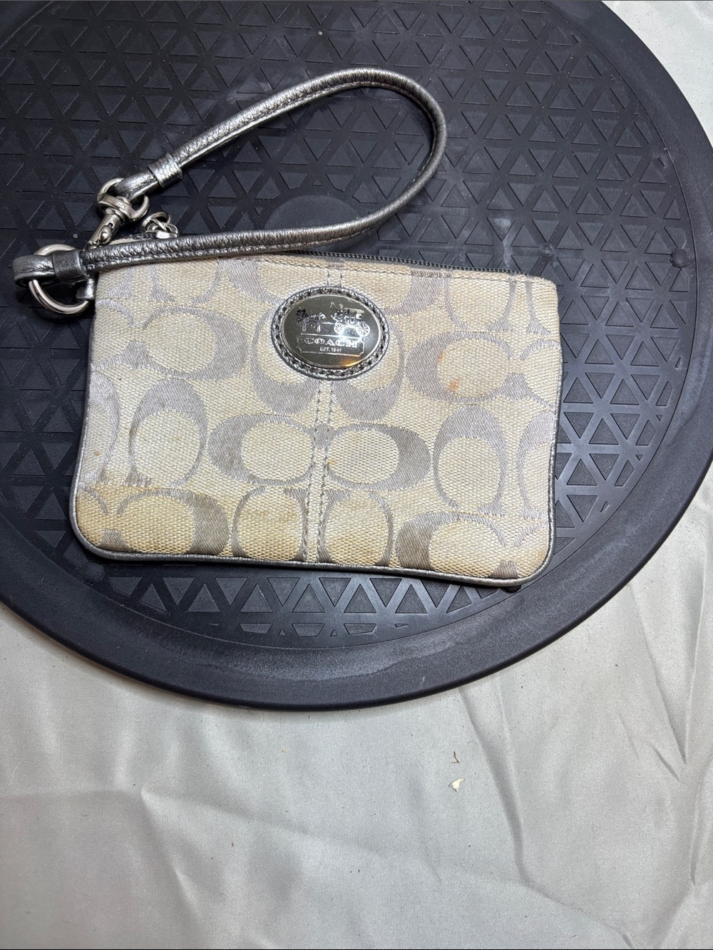 Coach Signature Canvas Wristlet in Tan and Silver Metallic